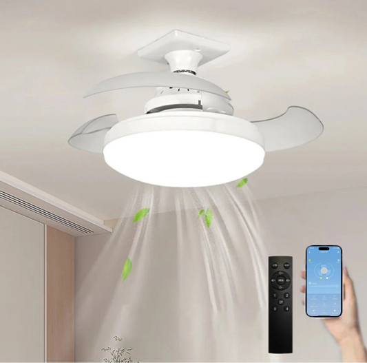 Ventilatore da Soffitto con Luce LED ,pale retrattili e Telecomando – 3 Velocità, Silenzioso, Timer, Controllo App – Attacco E27 a Lampadina